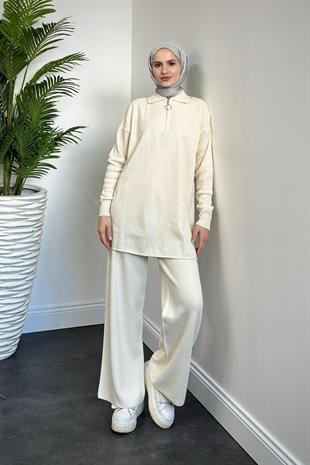 Dolunay Yarı Fermuarlı Triko Takım Krem