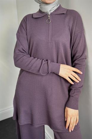 Dolunay Yarı Fermuarlı Triko Takım Mürdüm