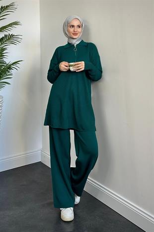 Dolunay Yarı Fermuarlı Triko Takım Petrol Yeşili