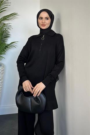 Dolunay Yarı Fermuarlı Triko Takım Siyah