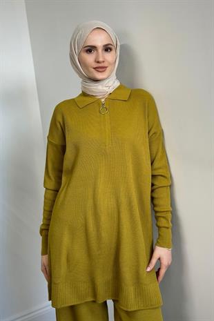 Dolunay Yarı Fermuarlı Triko Takım Yağ Yeşili