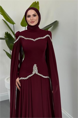 Dorenna Taşlı Pelerinli Abiye Vişne Çürüğü