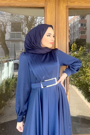 Drapeli Kemerli Saten Abiye Lacivert