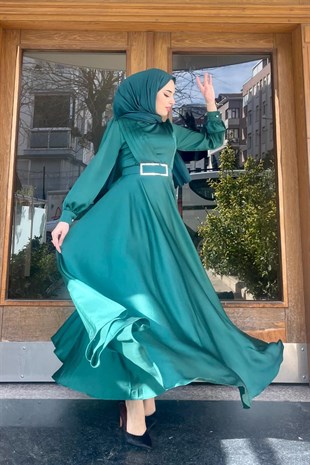 Drapeli Kemerli Saten Abiye Yeşil
