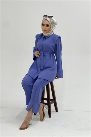 Düğme Kemerli Pantolonlu Takım Lila