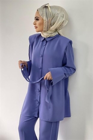 Düğme Kemerli Pantolonlu Takım Lila