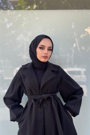 Düğmeli Cepli Kaşe Kaban Siyah