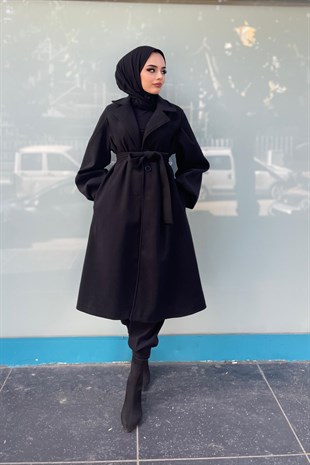 Düğmeli Cepli Kaşe Kaban Siyah