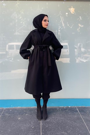 Düğmeli Cepli Kaşe Kaban Siyah