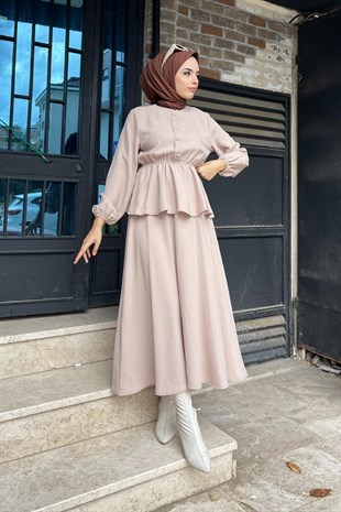 Düğmeli Etekli Takım Vizon