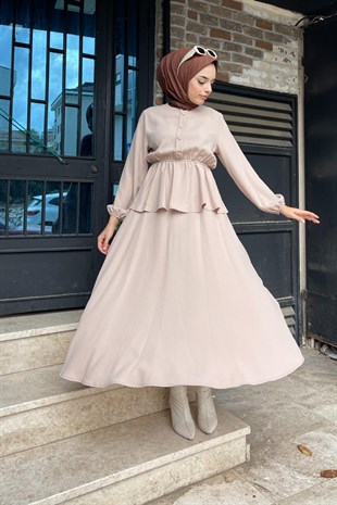 Düğmeli Etekli Takım Vizon