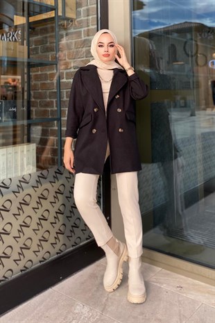 Düğmeli Kaşe Kaban Siyah