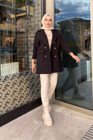 Düğmeli Kaşe Kaban Siyah