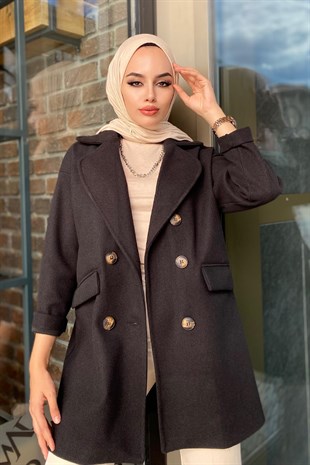 Düğmeli Kaşe Kaban Siyah