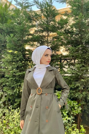 Düğmeli Kemerli Trençkot Haki
