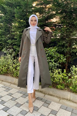Düğmeli Kemerli Trençkot Haki