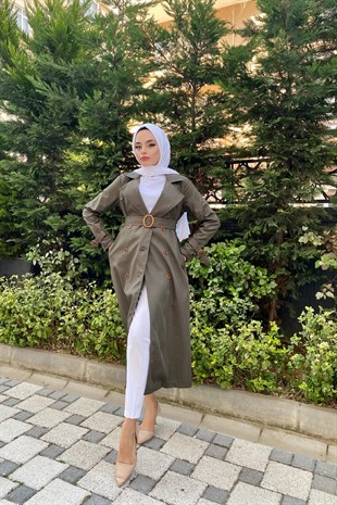 Düğmeli Kemerli Trençkot Haki