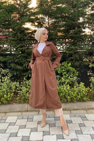 Düğmeli Kemerli Trençkot Kahverengi