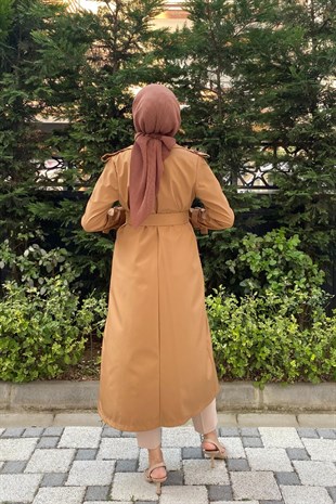Düğmeli Kemerli Trençkot Taba