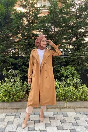 Düğmeli Kemerli Trençkot Taba