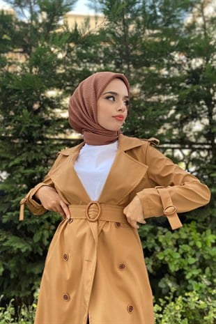 Düğmeli Kemerli Trençkot Taba