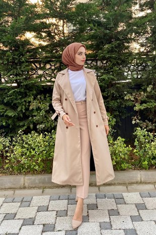 Düğmeli Kemerli Trençkot Vizon