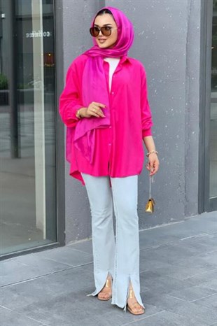 Düğmeli Pamuk Tunik Pembe STANDART