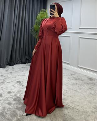 Düğmeli Saten Abiye Bordo