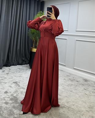 Düğmeli Saten Abiye Bordo
