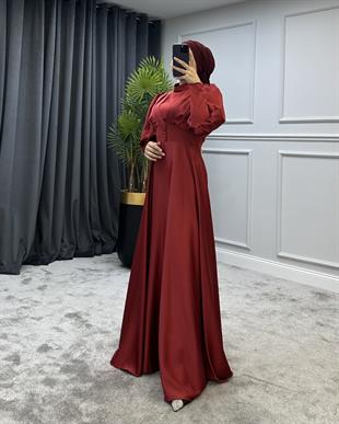 Düğmeli Saten Abiye Bordo