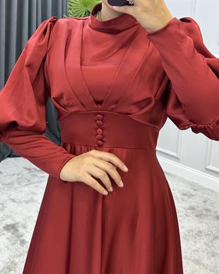 Düğmeli Saten Abiye Bordo