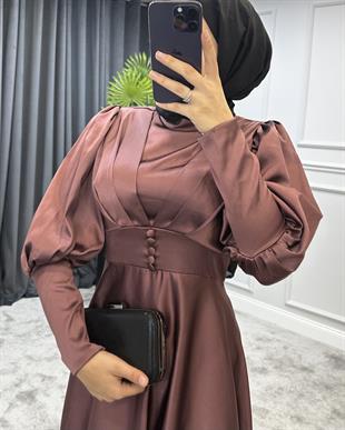 Düğmeli Saten Abiye GülKurusu