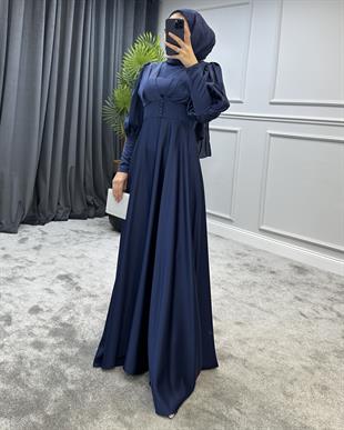Düğmeli Saten Abiye Lacivert