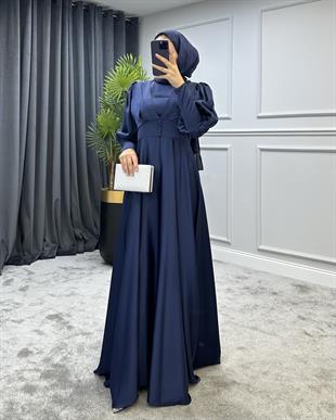 Düğmeli Saten Abiye Lacivert