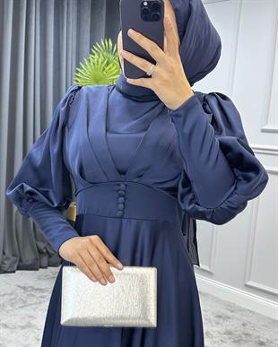 Düğmeli Saten Abiye Lacivert