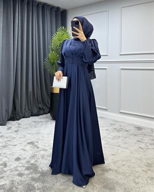 Düğmeli Saten Abiye Lacivert