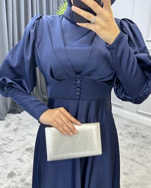 Düğmeli Saten Abiye Lacivert