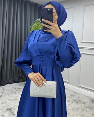 Düğmeli Saten Abiye Saks