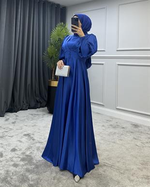 Düğmeli Saten Abiye Saks