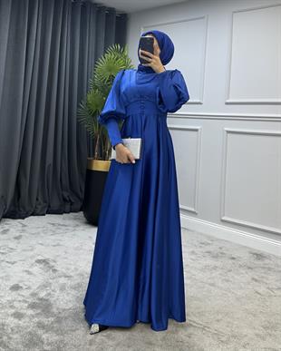 Düğmeli Saten Abiye Saks