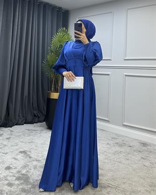 Düğmeli Saten Abiye Saks