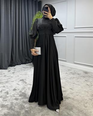 Düğmeli Saten Abiye Siyah