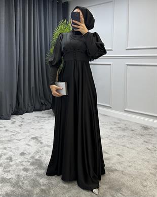Düğmeli Saten Abiye Siyah