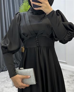 Düğmeli Saten Abiye Siyah
