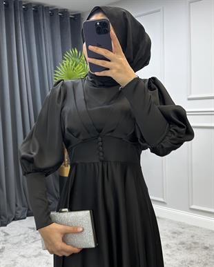 Düğmeli Saten Abiye Siyah