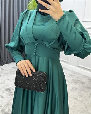 Düğmeli Saten Abiye Zümrüt