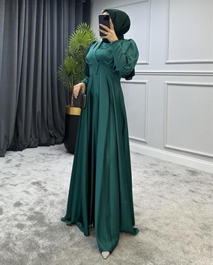 Düğmeli Saten Abiye Zümrüt