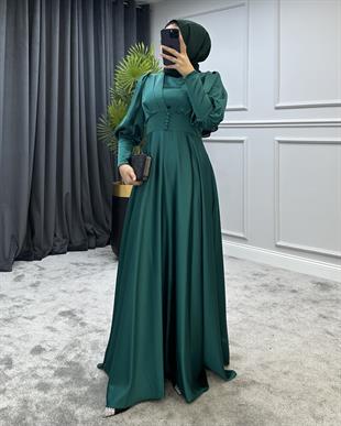 Düğmeli Saten Abiye Zümrüt