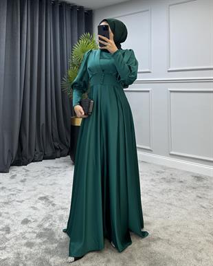 Düğmeli Saten Abiye Zümrüt