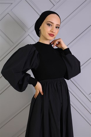 Düğmeli Tesettür Elbise Siyah